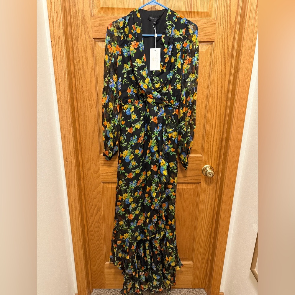 NWT Caroline Constas Vivian Gown Size S Blue Orange Floral Pattern